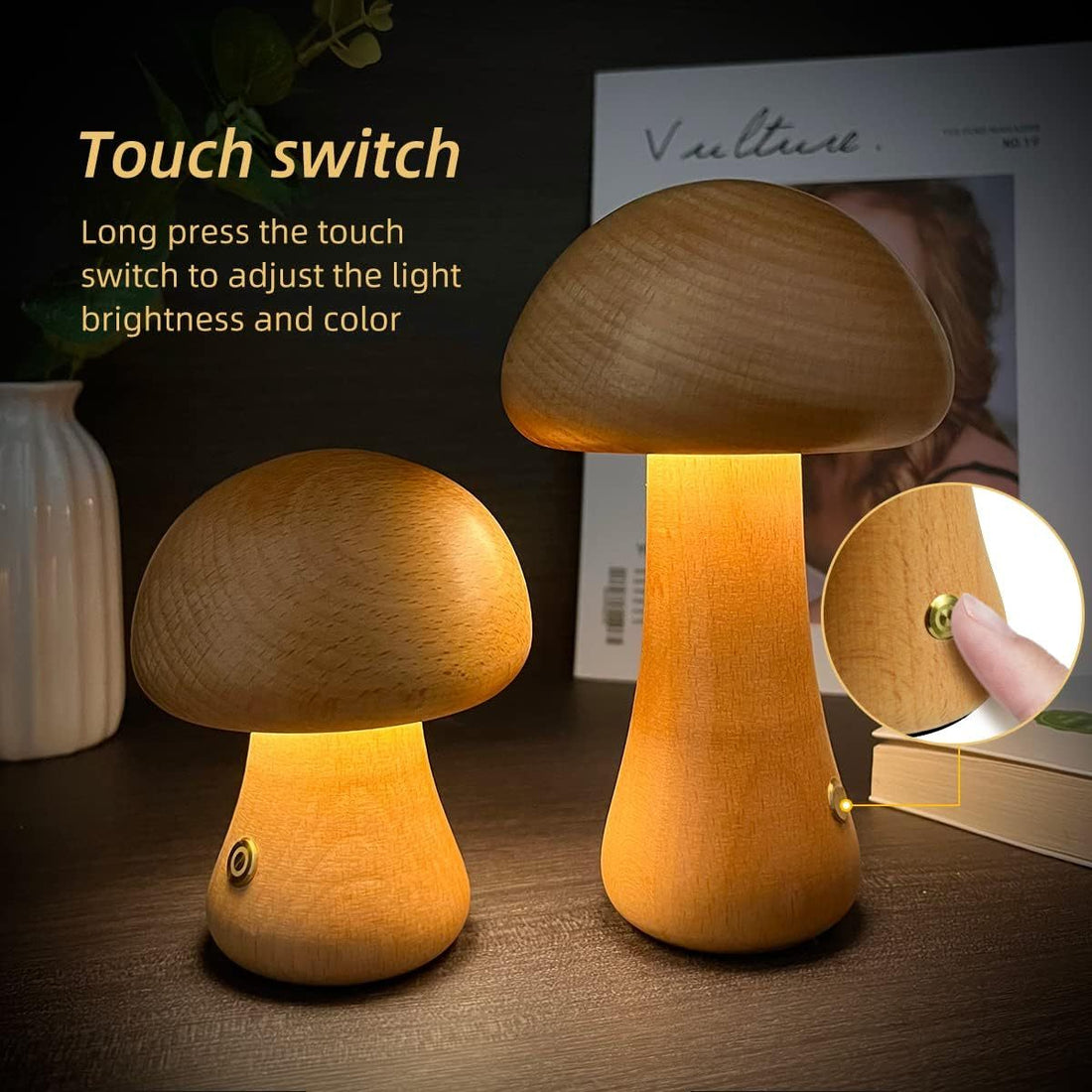 Wooden Cute Mushroom LED Night Light With Touch Switch Bedside Table Lamp