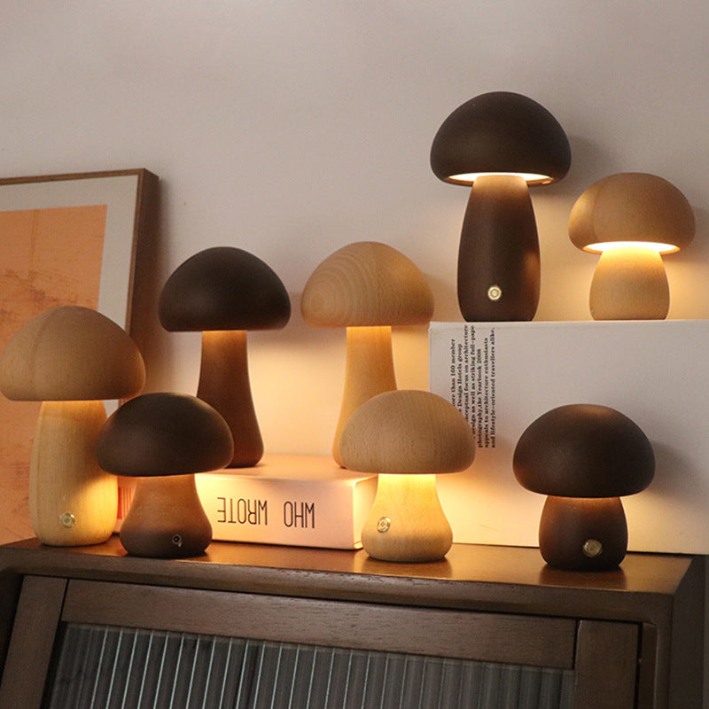 Wooden Cute Mushroom LED Night Light With Touch Switch Bedside Table Lamp